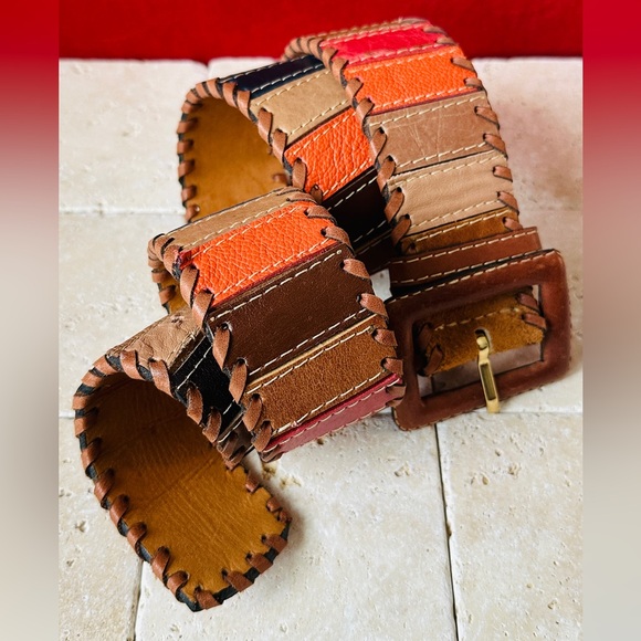 Vintage Accessories - Vintage Genuine Leather Colorful Patchwork Belt Size M